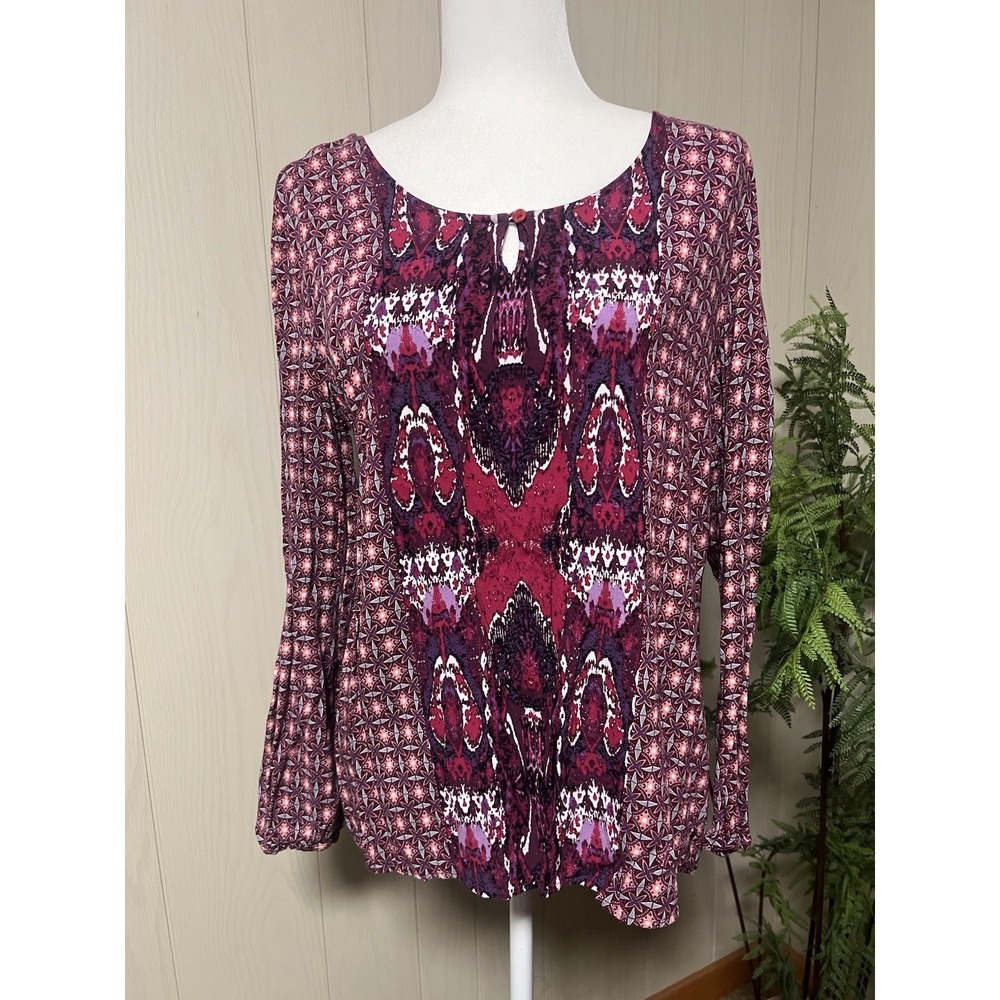 Laura Scott Womens Size L Burgundy Geometric Long Sleeve Boho Peasant Blouse Top